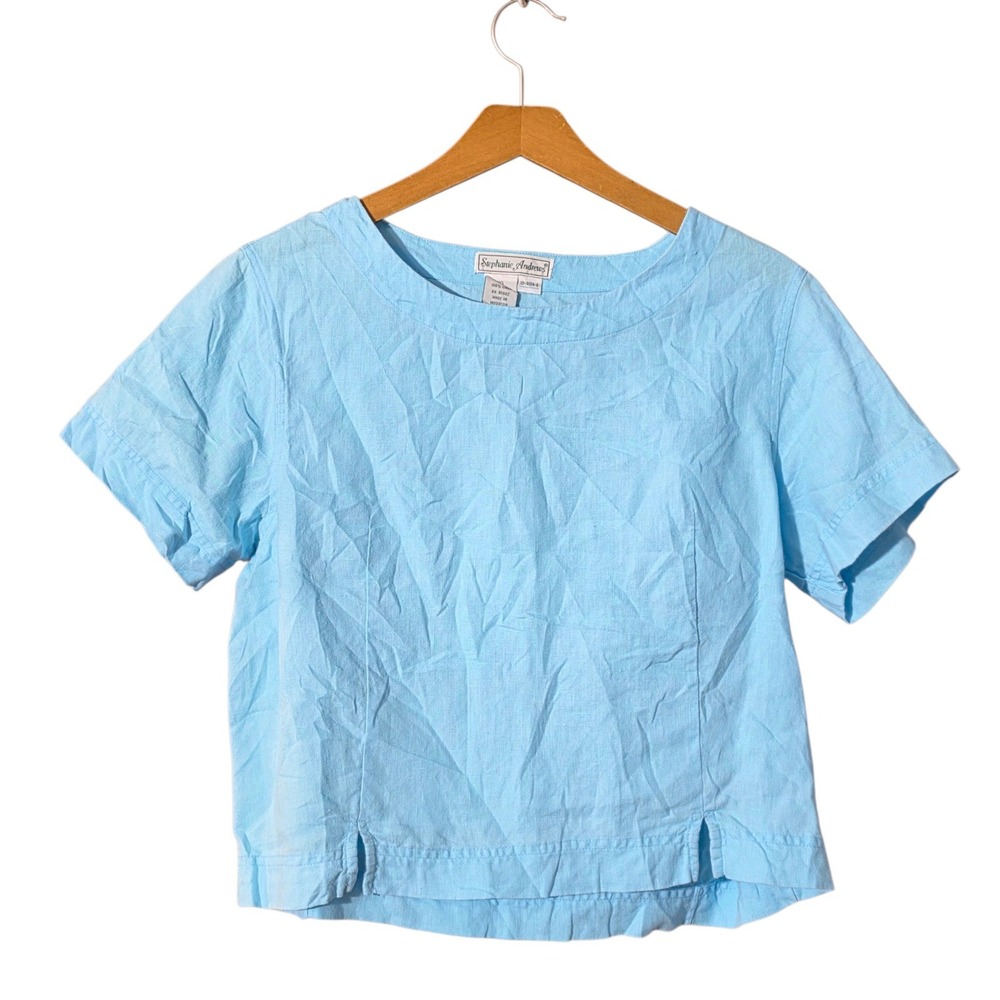 Stephanie Andrews Women Large Top Blue 100% Linen Short Sleeve Boxy Boat Neck